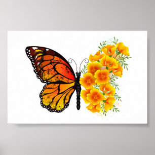 Affiche Papillon fleur avec pavot de Californie jaune