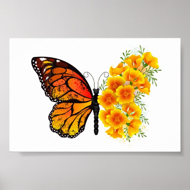Affiche Papillon fleur avec pavot de Californie jaune (Devant)