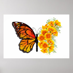 Affiche Papillon fleur avec pavot de Californie jaune