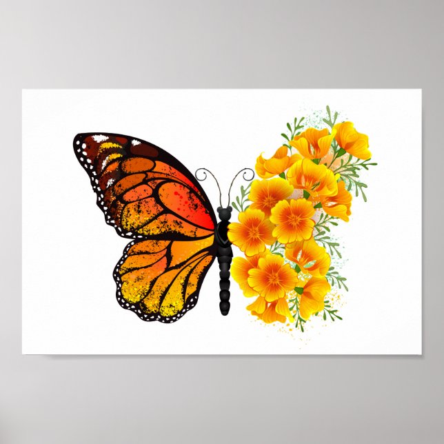 Affiche Papillon fleur avec pavot de Californie jaune (Devant)