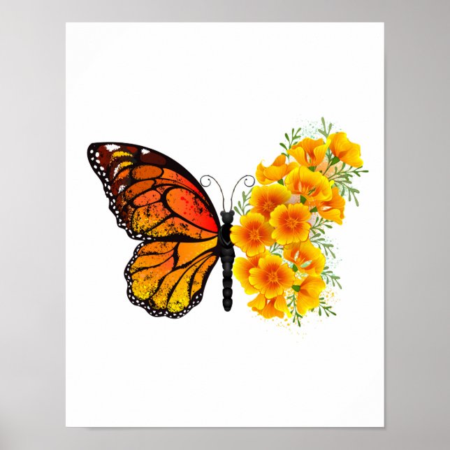Affiche Papillon Fleur avec Pavot de Californie Jaune (Devant)