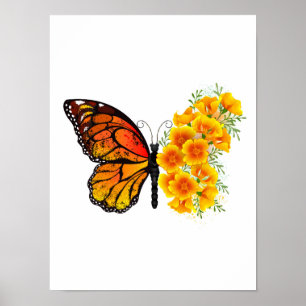 Affiche Papillon Fleur avec Pavot de Californie Jaune
