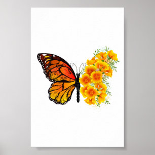 Affiche Papillon Fleur avec Pavot de Californie Jaune