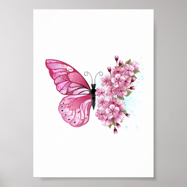 Affiche Papillon Fleur avec Sakura Rose (Devant)