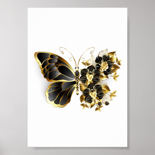 Affiche Papillon fleur d'or avec orchidée noire (Devant)