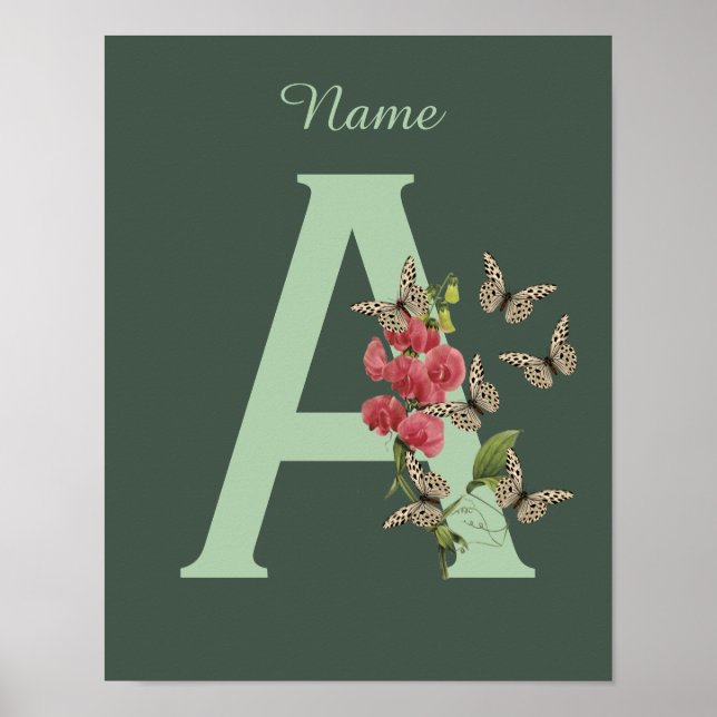 Affiche Papillon Fleur Monogramme Initiale A Personnalisé (Devant)