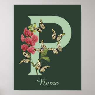 Affiche Papillon Fleur Monogramme Initiale P Personnalisé