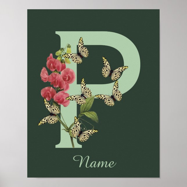 Affiche Papillon Fleur Monogramme Initiale P Personnalisé (Devant)