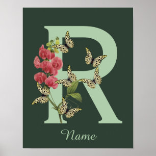 Affiche Papillon Fleur Monogramme Initiale R Personnalisé