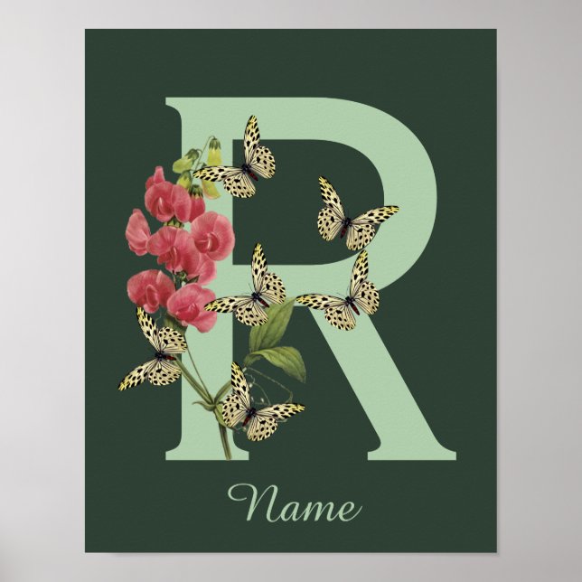 Affiche Papillon Fleur Monogramme Initiale R Personnalisé (Devant)