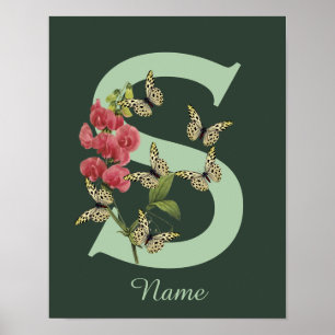 Affiche Papillon Fleur Monogramme Initiale S Personnalisé