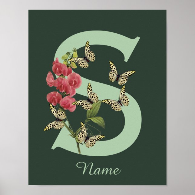 Affiche Papillon Fleur Monogramme Initiale S Personnalisé (Devant)