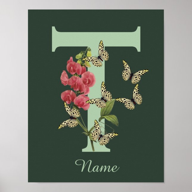 Affiche Papillon Fleur Monogramme Initiale T Personnalisé (Devant)