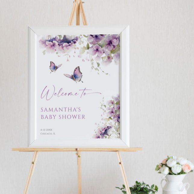 Affiche Papillon fleuri violet baby shower signe d'accueil (Créateur téléchargé)