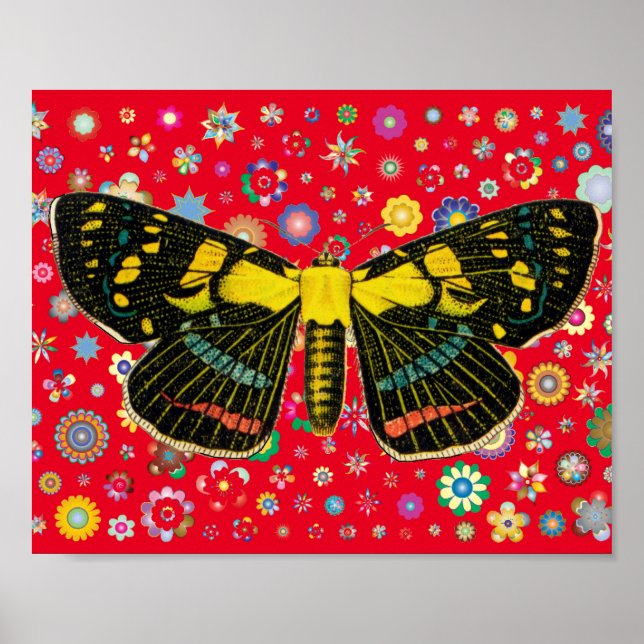 Affiche papillon fleurs nature faune art rouge (Devant)