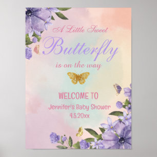 Affiche papillon fleurs violettes baby shower signe de bie