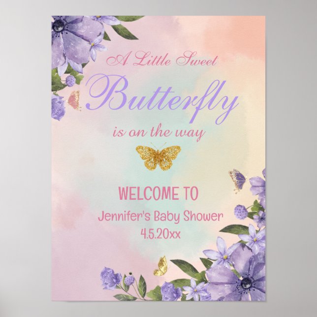 Affiche papillon fleurs violettes baby shower signe de bie (Devant)
