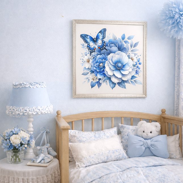Affiche Papillon Floral Bleu Cottage  (Dusty and navy blue floral and butterfly wall art)