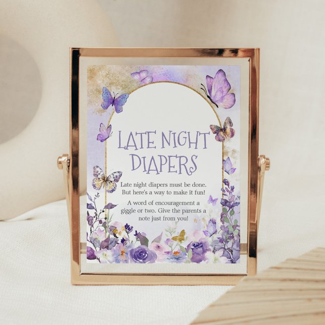 Affiche Papillon floral enchanté Diapositives de nuit tard (Enchanted Floral Butterfly Arch Baby Shower Late Night Diapers Sign)