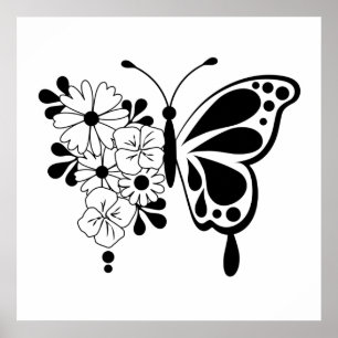 Affiche Papillon floral noir et blanc