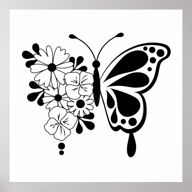 Affiche Papillon floral noir et blanc (Devant)