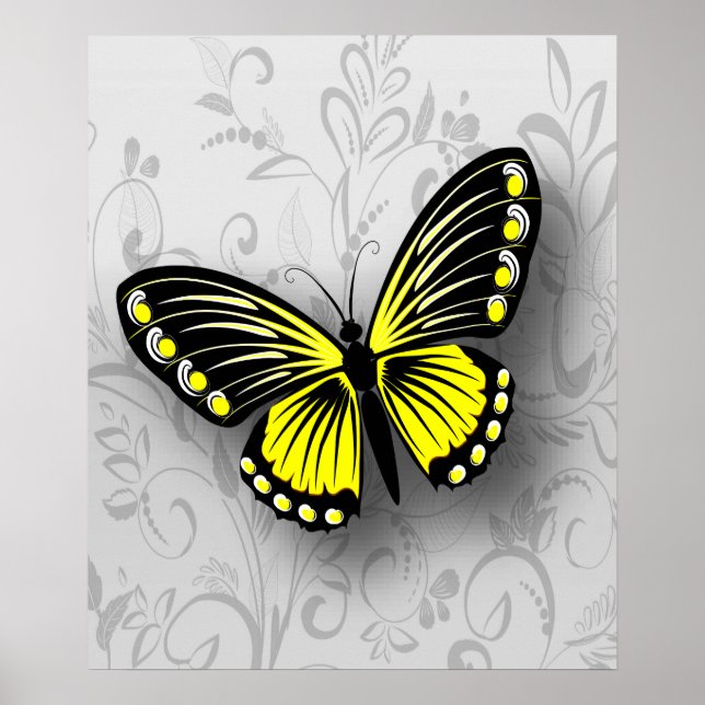 Affiche Papillon jaune blanc sur floral gris (Devant)