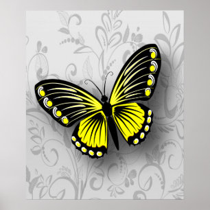 Affiche Papillon jaune lunatique sur floral gris