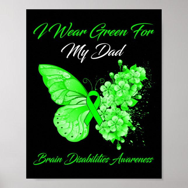 Affiche Papillon Je Porte Vert Pour Mon Papa Cerveau Désab (Devant)