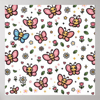 Affiche Papillon Mignon Motif Floral Sans Couture Kawaii