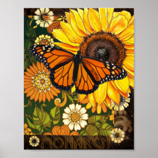Affiche Papillon Monarque et Tournesol Collage Vintage