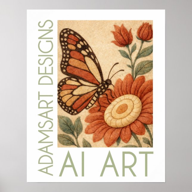 Affiche Papillon Monarque Fleur Art Populaire Feutré (Devant)