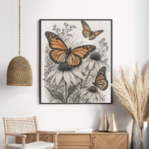 Affiche Papillon Monarque Fleur de Coneflower Fleur Sauvag