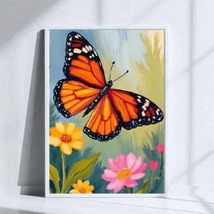 Affiche Papillon Monarque Fleur Peinture Aquarelle