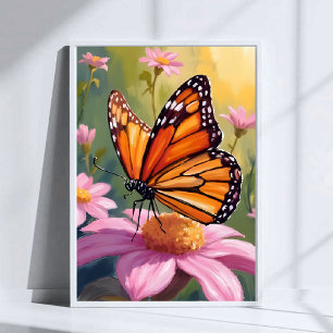 Affiche Papillon monarque rose Fleur rose peinture florale
