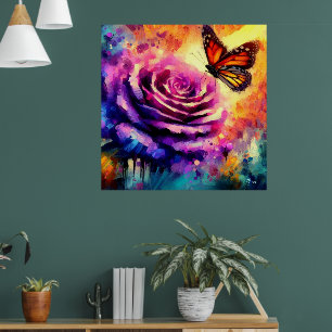Affiche Papillon monarque sur Rose violet au soleil coucha