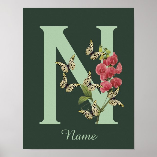 Affiche Papillon Monogramme Fleur Initiale N Personnalisé (Devant)