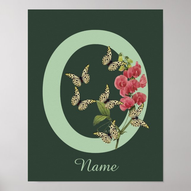 Affiche Papillon Monogramme Fleur Initiale O Personnalisé (Devant)