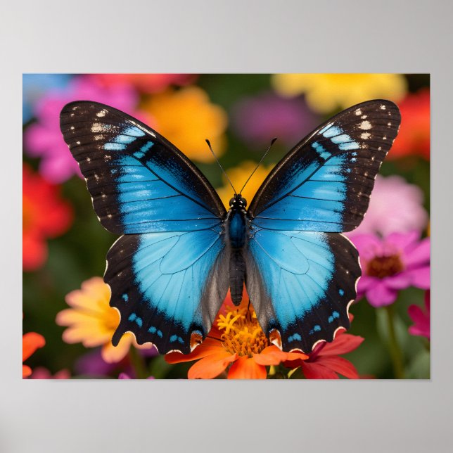 Affiche Papillon Morpho Bleu Art Floral Botanique Photo (Devant)
