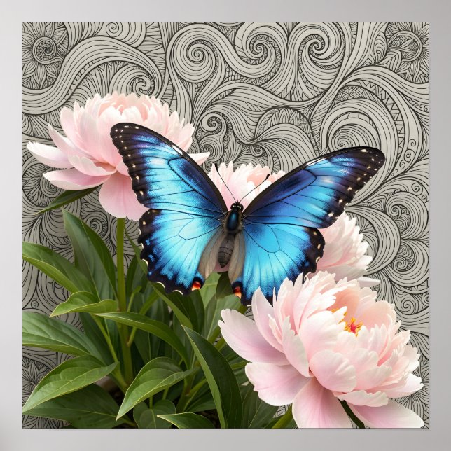 Affiche Papillon Morpho Bleu Art Floral Botanique Poste (Devant)