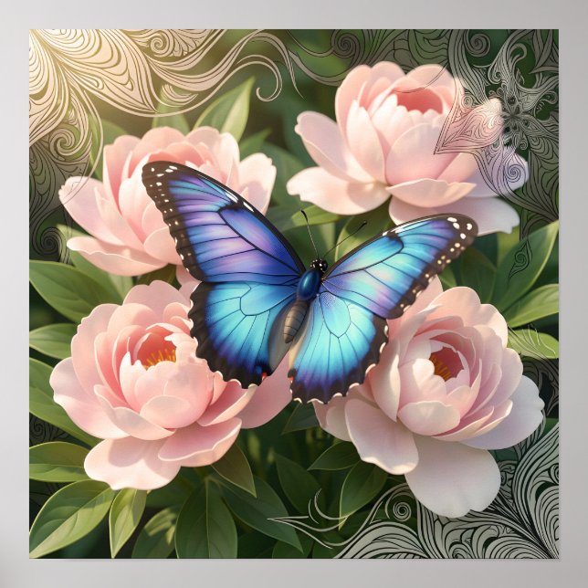 Affiche Papillon Morpho Bleu Art Floral Botanique Poste (Devant)