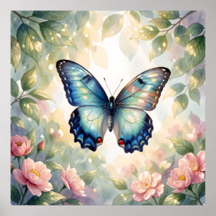 Affiche Papillon Morpho Bleu Floral Botanique Aquarelle