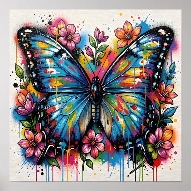 Affiche Papillon Morpho Bleu Street Art Graffiti Grunge (Devant)