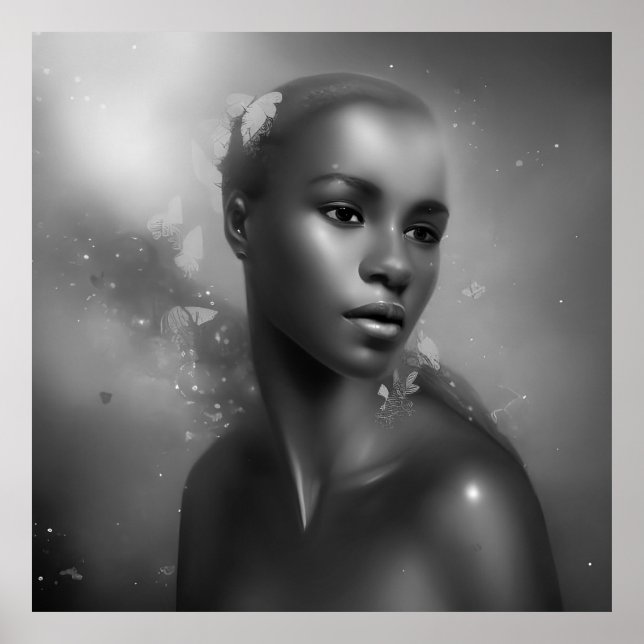 Affiche Papillon noir blanc femme africaine monochrome 2 (Devant)