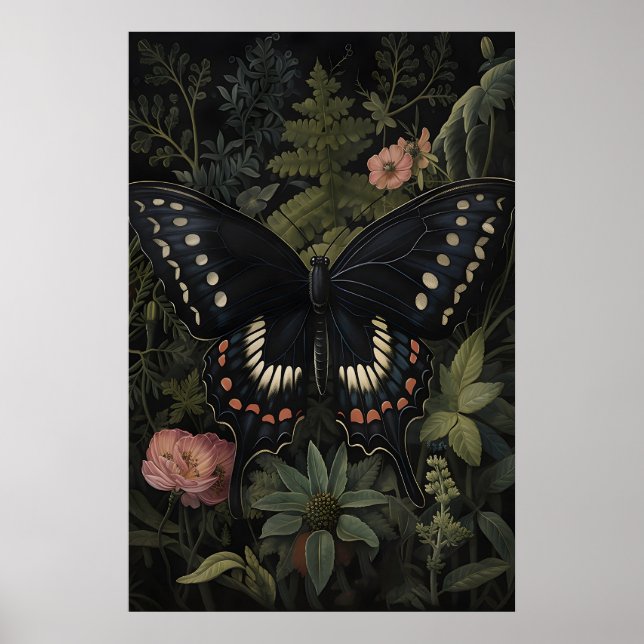 Affiche Papillon Noir Dans Jardin De Fleurs Sombres, Papil (Devant)