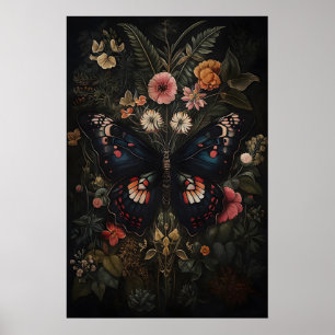 Affiche Papillon Noir Dans Jardin De Fleurs Sombres, Papil