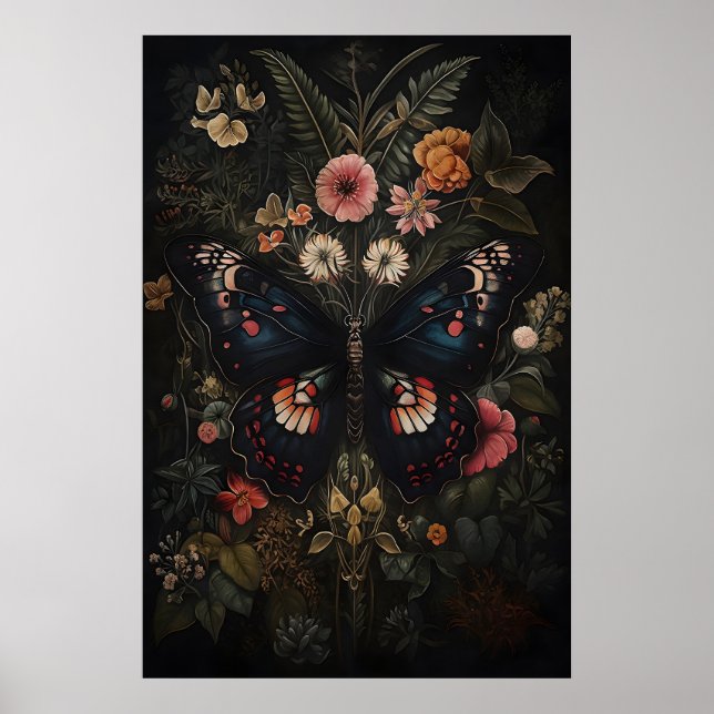 Affiche Papillon Noir Dans Jardin De Fleurs Sombres, Papil (Devant)