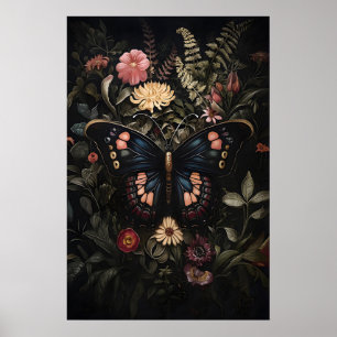 Affiche Papillon noir dans un jardin de fleurs sombre, pap