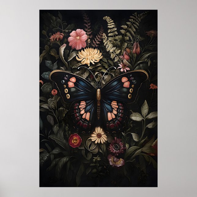 Affiche Papillon noir dans un jardin de fleurs sombre, pap (Devant)