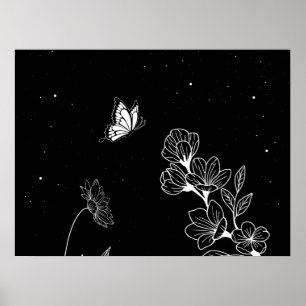 Affiche Papillon noir et blanc et fleurs à l'art nocturne