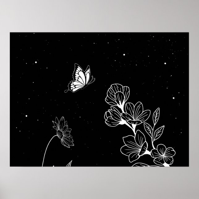Affiche Papillon noir et blanc et fleurs à l'art nocturne (Devant)
